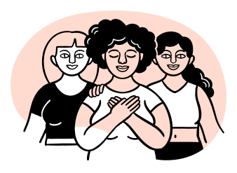 Illustration dreier, nebeneinander stehender Frauen. Eine Frau zum Betrachter gewandt mit geschlossenen Augen drückt beide Hände auf ihr Herz als Symbol der Verbundenheit. Alle sehen zufrieden aus.